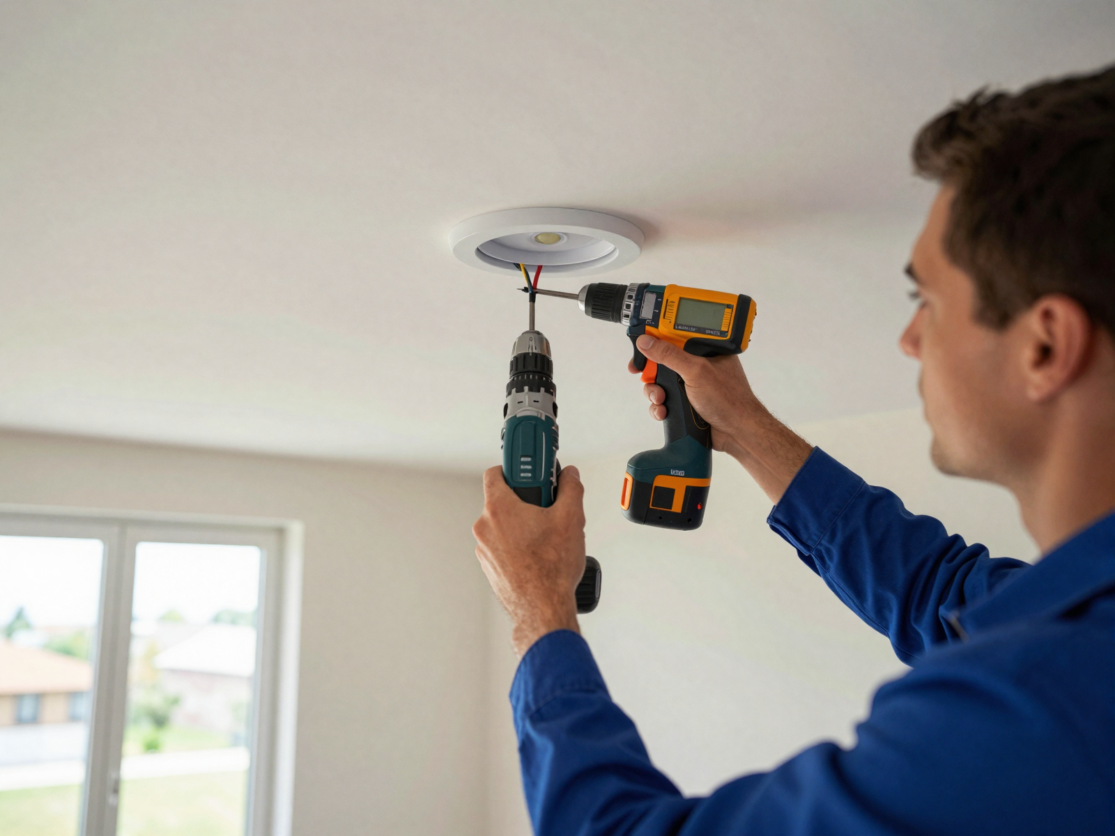 Professional electrician installing LED fixture